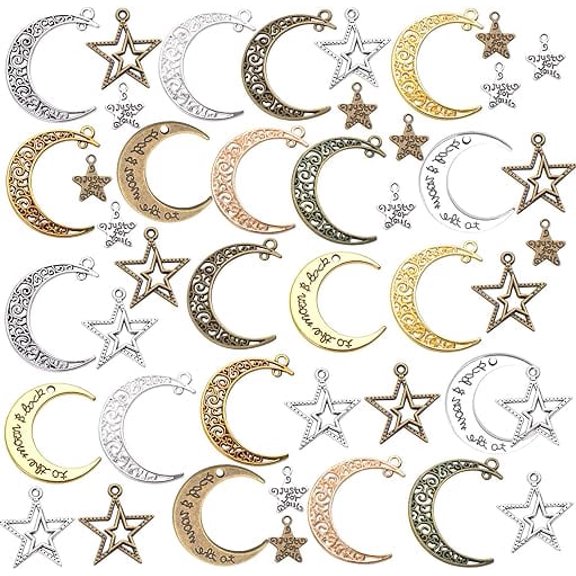 44 Pieces Mixed Alloy Moon Charms Star Charms Pendants for Necklace Bracelet Jewelry Making, Mixed Color, Size: 1-4cm