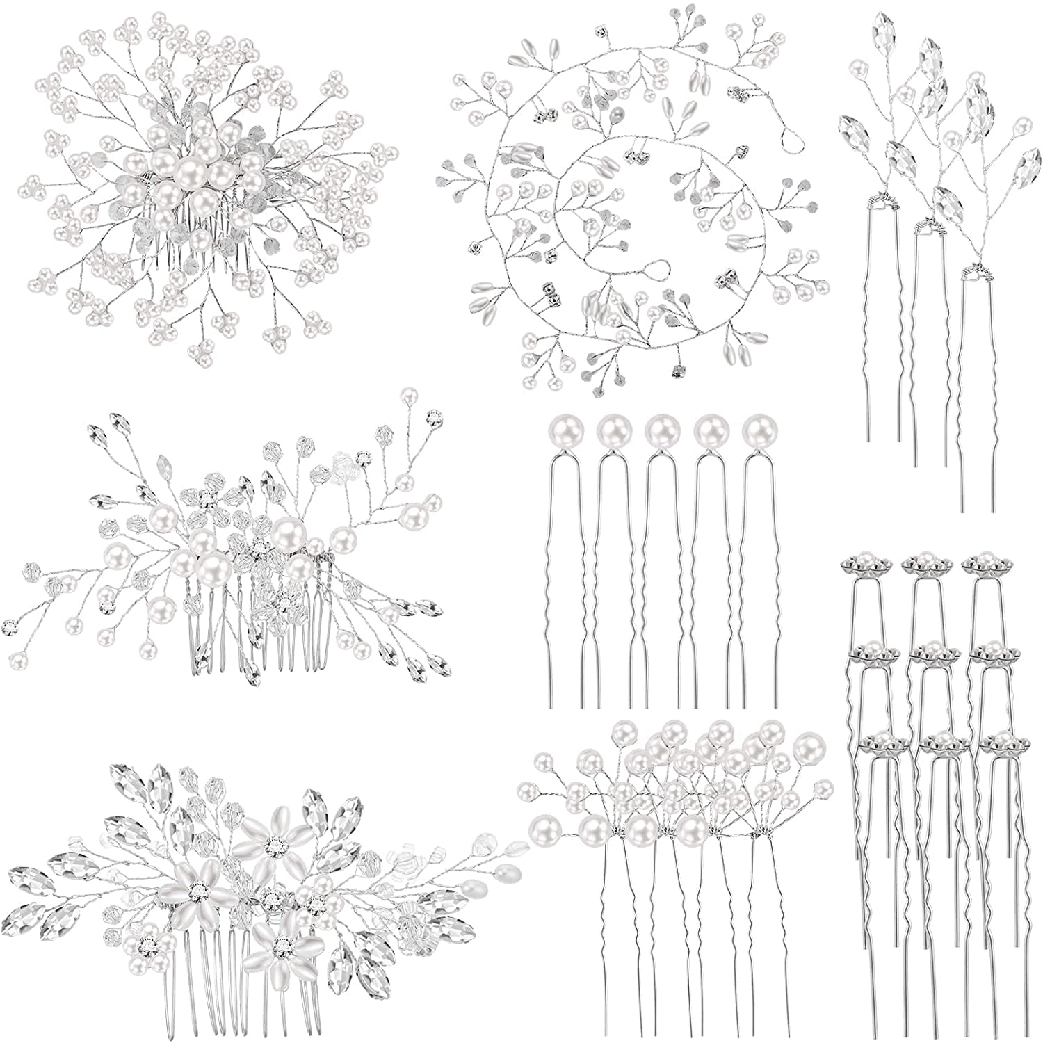 44 Pieces Wedding Hair Comb Faux Pearl Crystal Bride Hair Accessories Hair Side Comb Clips U-shaped Flower Rhinestone Pearl Hair Clips for Bride Bridesmaid (Fresh Style)