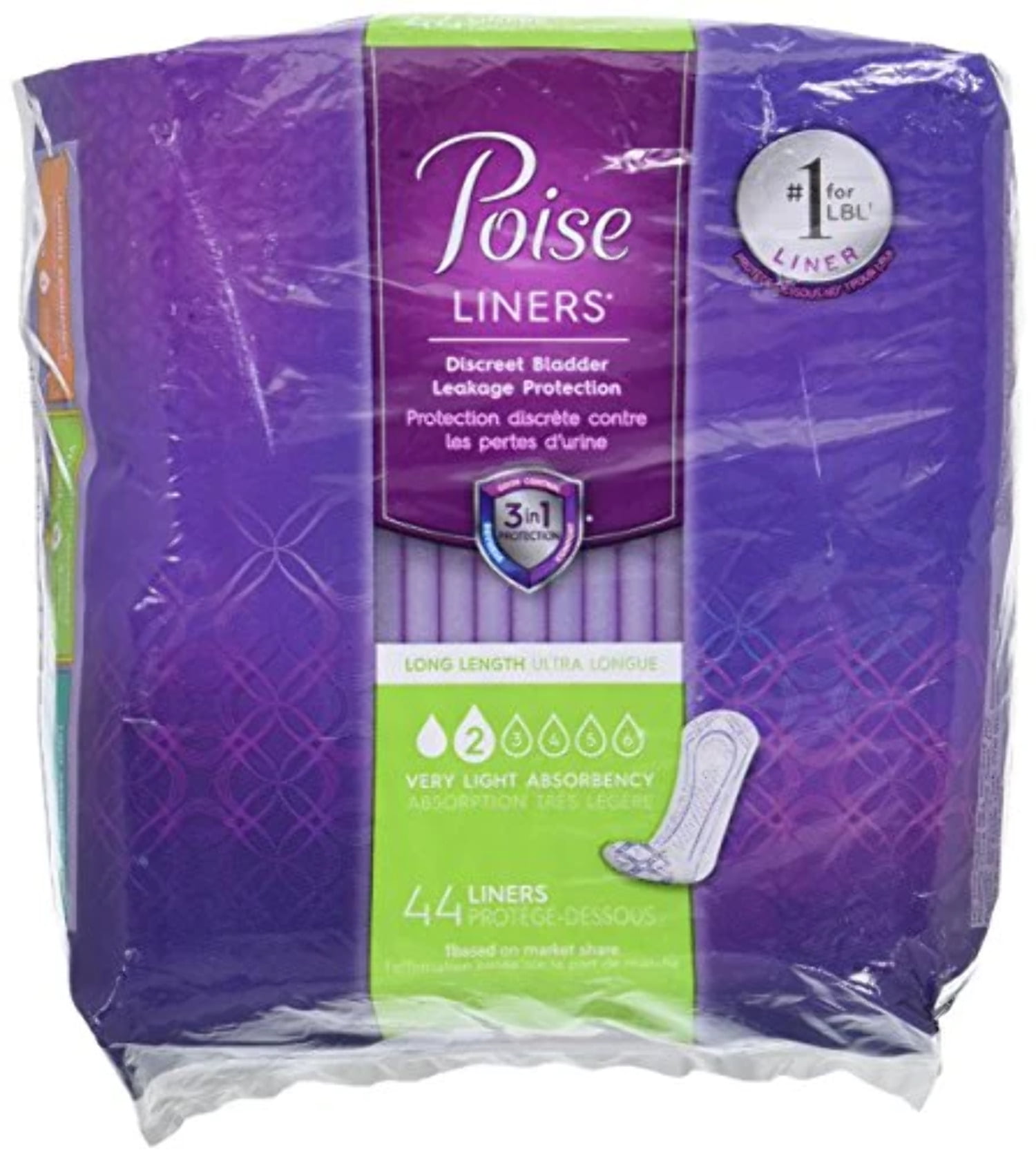 44 Poise Long Length Panty Liners Fresh Lightweight- #2 Light Bladder Urine  Leakage Protection - 1 Package of 44 Liners