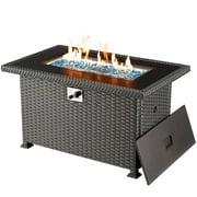 44 in Propane Fire Pit Table,PE Rattan Fire Pit Table with Lid, Waterproof Cover, 50,000 BTU Propane Gas Firepits for Outside Output,Non Glass Wind Cover