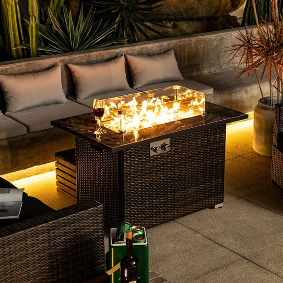 44" Propane Gas Fire Pit Table, 50000 BTU Rectangular Fire Pit, Tile Tabletop with Beautiful Wicker Base for Outside Patio Deck Garden Courtyard-Brown