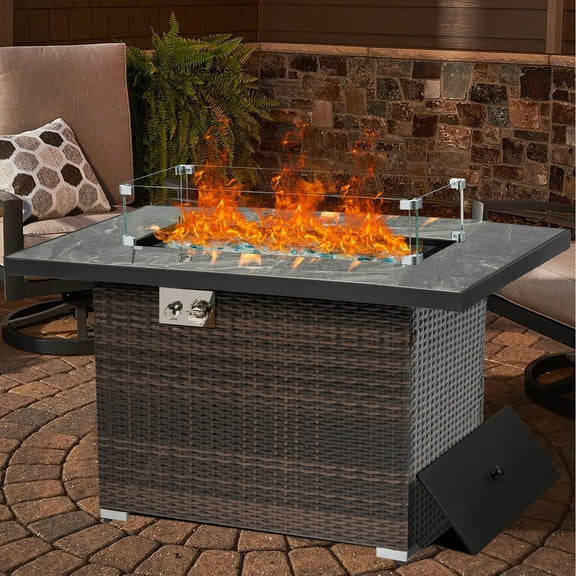44" Propane Gas Fire Pit Table, 50000 BTU Rectangular Outdoor Gas Firepit with Lava Rocks, Tile Tabletop, Windshield
