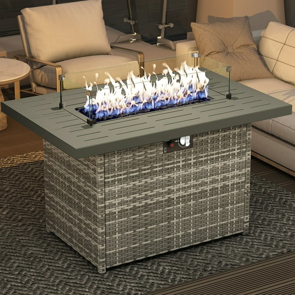 44" Propane Gas Fire Pit Table, 55000 BTU Rectangular Fire Pit with Glass Wind Guard for Outside Patio Deck Garden Backyard