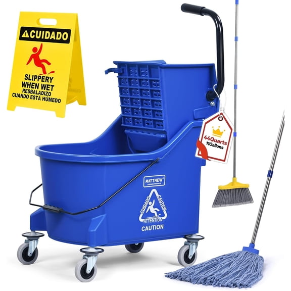44-Quart Commercial Mop Bucket w/Wet String Mop & 19" Industrial Wet Floor Sign, Side Press Wringer on Wheels, Portable Floor Cleaning Wavebrake
