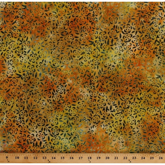 44" Rayon Bali Batik Green Orange Yellow Flowers Floral Apparel Fabric by the Yard (16300)