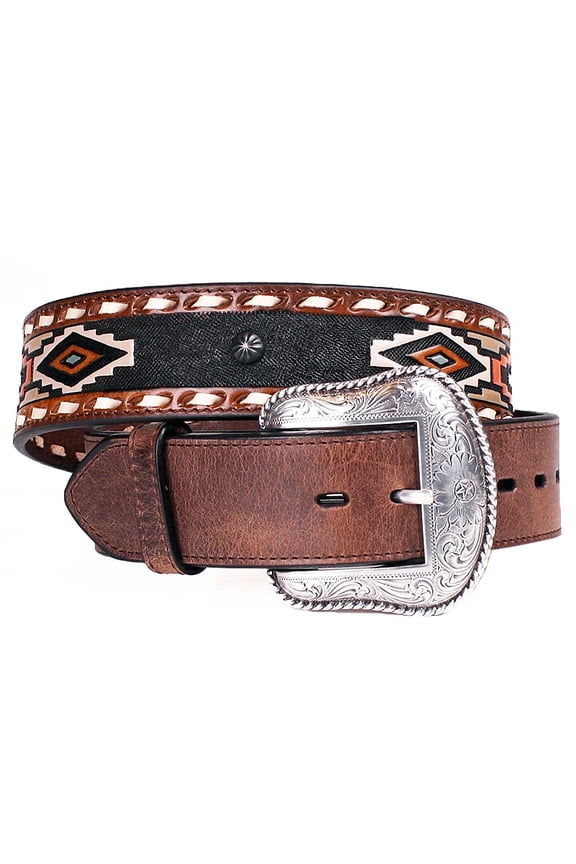 Men's Brown Leather Western Belt Aztec White Silver Removable Buckle