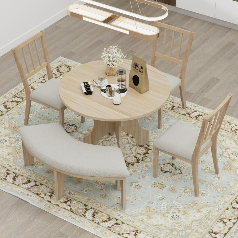 44 Round Dining Table Set with Curved Bench and 3 Chairs 5 Piece Dining Room Set Wood Dining Table Set for 5 Farmhouse Dining Table Set for Kitchen Dining Room Dorm Apartment