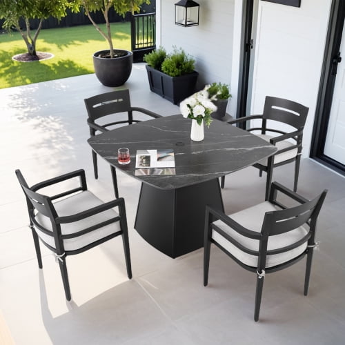 44" Rounded Square Sintered Stone Table with Flared Base and 4 Armchairs Sunbrella Cushions, Rust-Free Aluminum, Weather-Resistant, for Patio or Deck