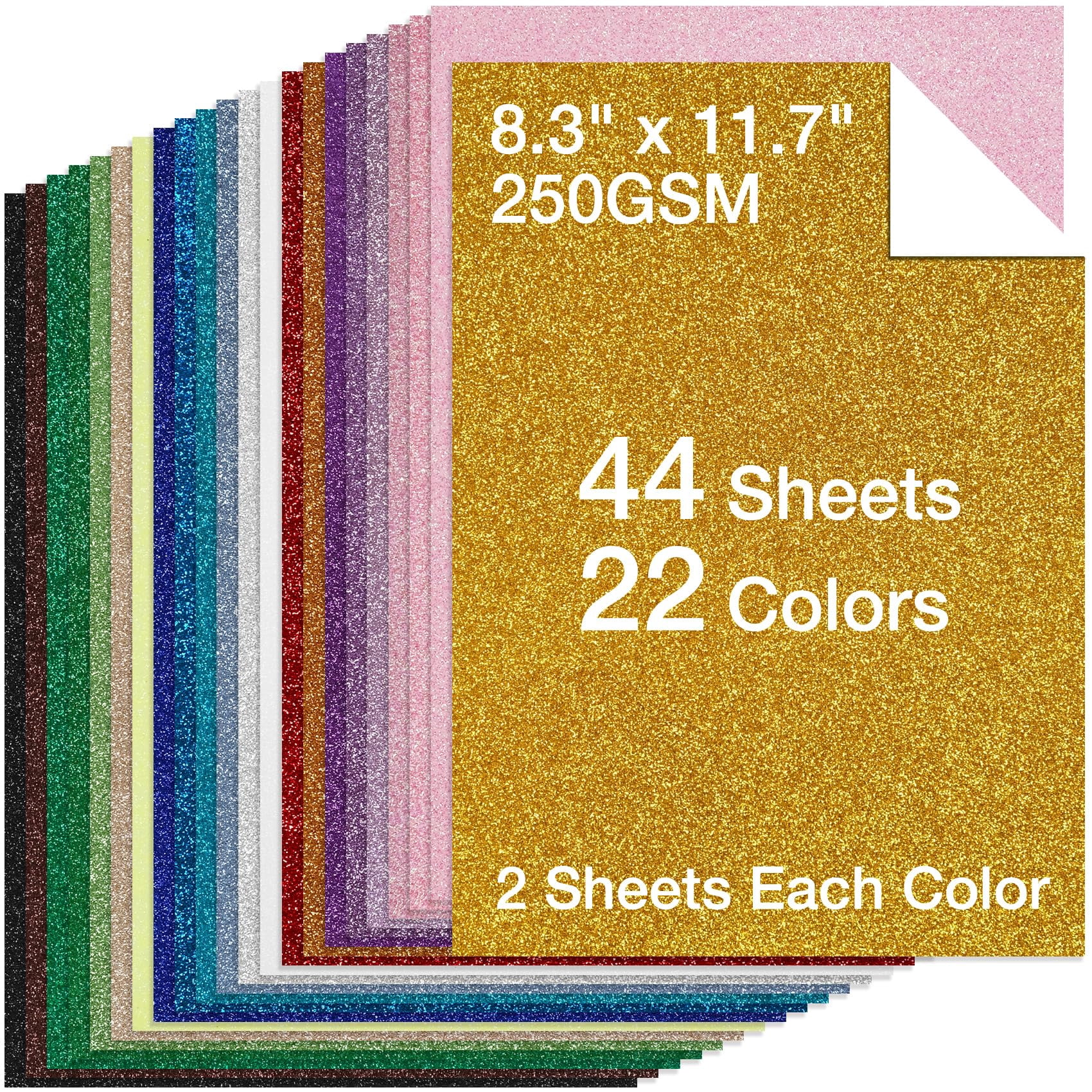 44 Sheets Glitter Cardstock Paper - 22 Colors A4 Sparkle  250 Gsm Heavy Craft Card Stock For Cricut Scrapbooking Making Party Decorations & Invitations | Non-shedding Scrapbook Supplies