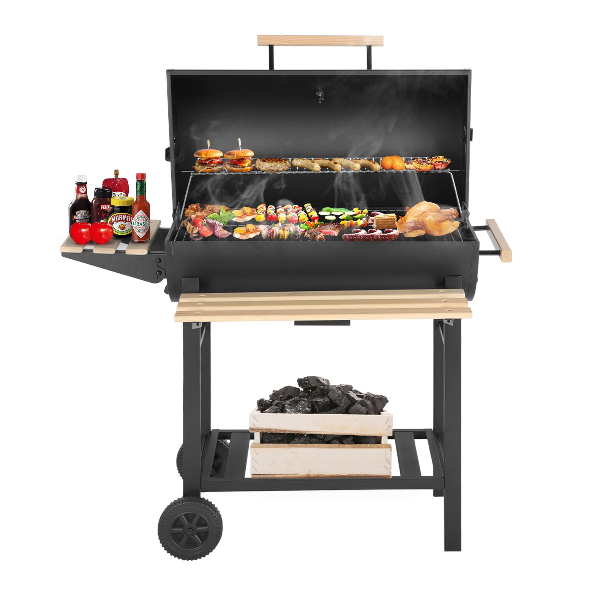 Charcoal Grill w/ Folfable Side Table, BBQ Grills with Thermometer & Large Cooking Space, Smoker Grill for Camping & Picnic, Iron, black