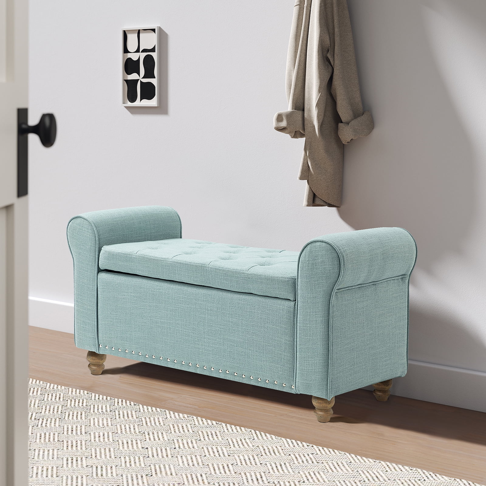44 Storage Ottoman Bench Upholstered Rolled Arm Wood Legs Button Tufted End of Bed Bedroom Entryway Blue Walmart