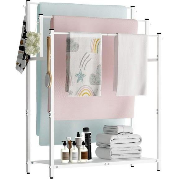 44” Tall Free Standing Towel Racks with 6 Hooks for Bathroom, 3 Tiers Oversized Pool Bath Towels Drying Stand, Metal Blanket Ladder Holder with Storage Shelf for Bedroom Living Room, White