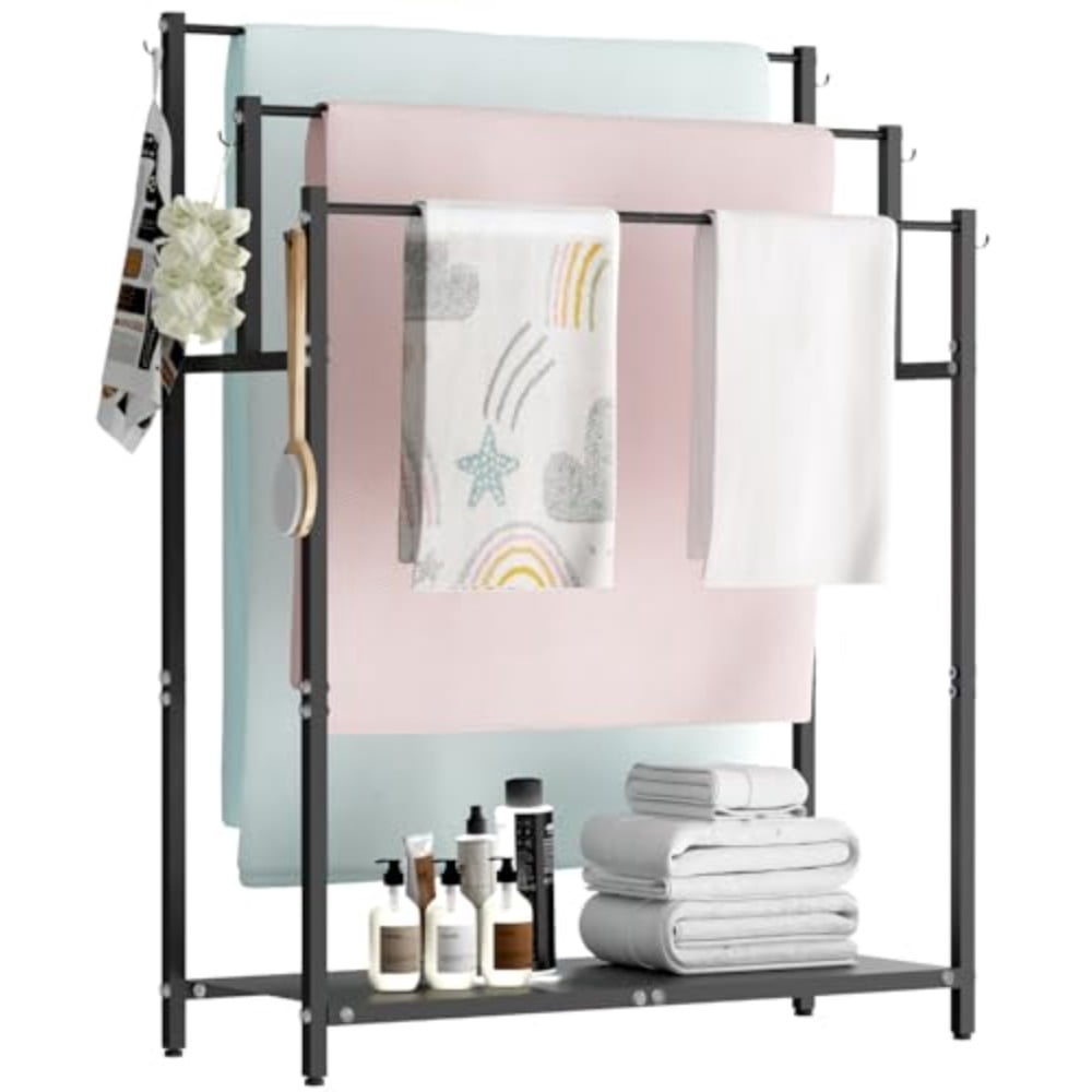 44 Tall Free Standing Towel Racks with 6 Hooks for Bathroom 3 Tiers ...