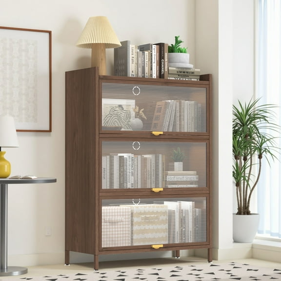 44'' Tall Metal 3 Flip Doors Cabinet, Walnut