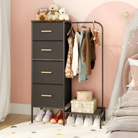 Dresser with Hanging Rack, 4 Drawers Small Closet for Bedroom, Reversible Fabric Kids Chest of Drawers with Clothes Rack, Black