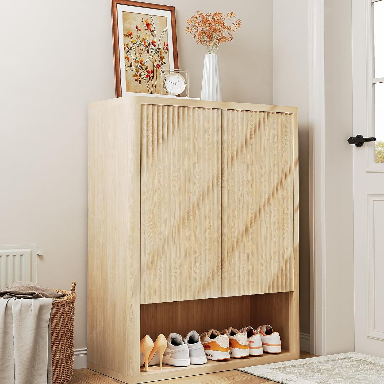 44" Tall Shoe Cabinet, Storage Organizer with Doors & 4 Adjustable Shelves, Modern Free Standing Shoe Rack for Entryway, Hallway, Living Room, or Closet, 34.65" Wide, Natural Oak