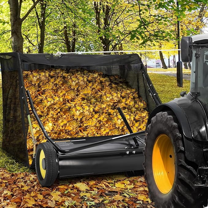 44" Tow-Behind Lawn Sweeper, 14 cu. ft Hopper Bag Capacity; Leaf & Grass Catcher, with Adjustable Brush Height and Easy to Use Dumping Rope