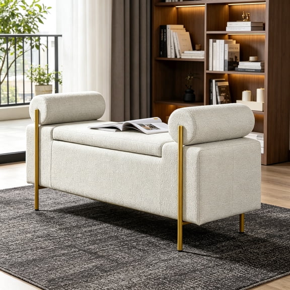 44" Upholstered Bench with Storage, Storage Bench for Bedroom, End of Bed Bench Foot Stool Bench with Rolled Arms & Iron Legs for Living Room, Entryway, Beige