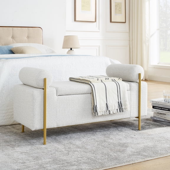 44" Upholstered Storage Bench with Arms and Hidden Storage, Bouclé Fabric Ottoman Bench with Gold Metal Legs, Modern Entryway Bedroom Bench,White
