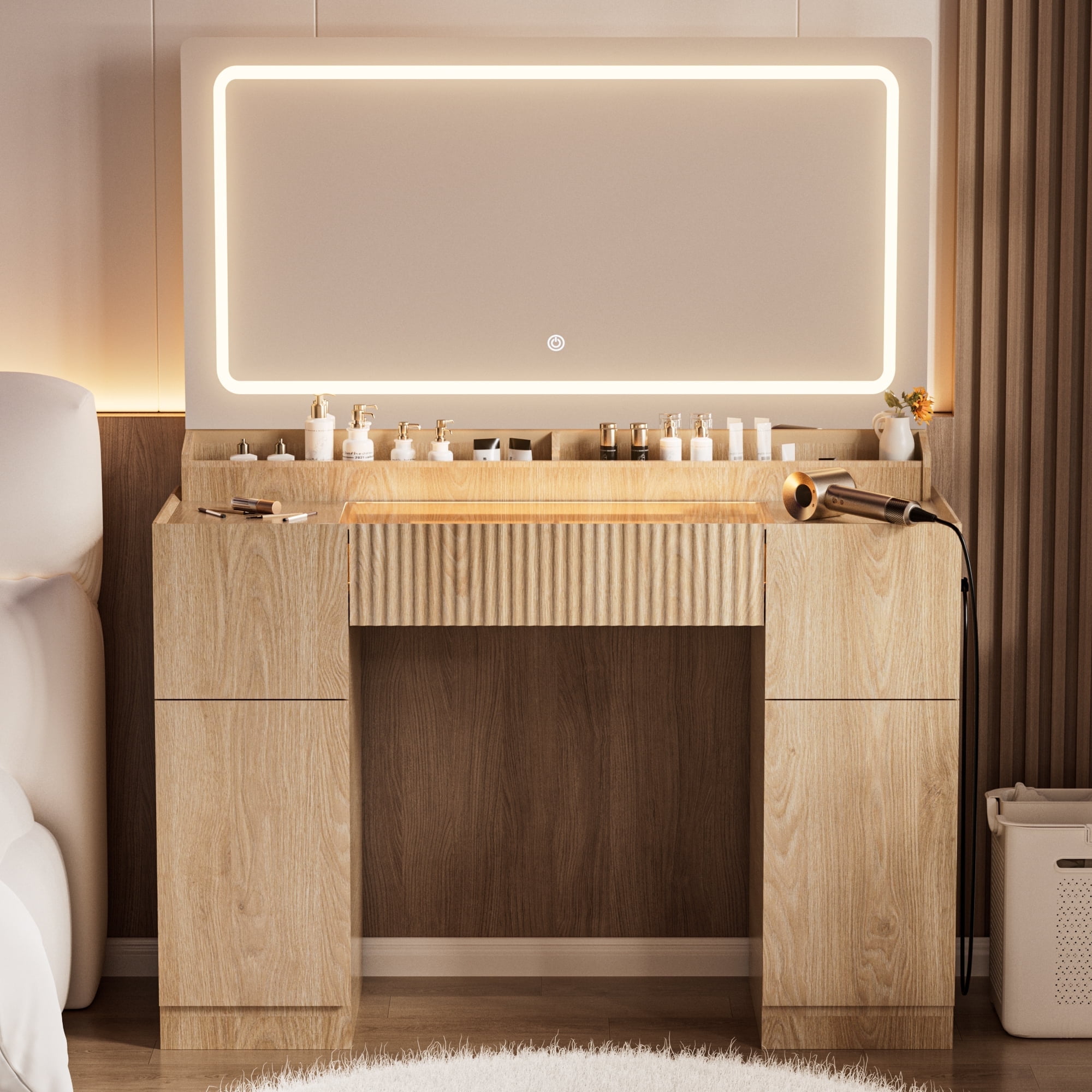 44" Vanity Desk with Mirror and Lights, Glass Top with RGB Lighting Makeup Table with Fluted Storage Drawer, Cabinet,3 LED Lights Modes, Power Outlet for Bedroom