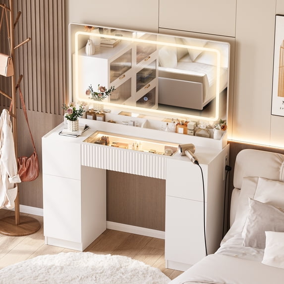 44" Vanity Desk with Mirror and Lights, Glass top Makeup Table with Fluted Storage Drawer, Cabinet,3 LED Lights Modes, Power Outlet for Bedroom