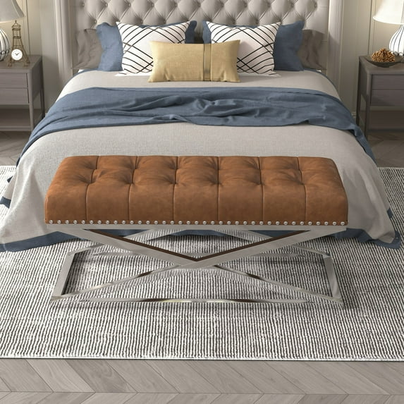 44" Vintage Vegan Leather Entryway Bench, Modern Upholstered End of Bed Bench with Button Trim and Stainless Steel Base, Ottoman Stool for Living Room, Bedroom, Entryway, Brown & Chrome