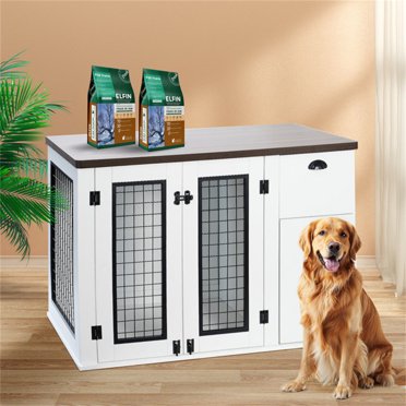 43" Wooden Heavy Duty Dog Kennel With Double Doors – Indoor Dog Cage Furniture, Side End Table, Rustic Brown, TAUS
