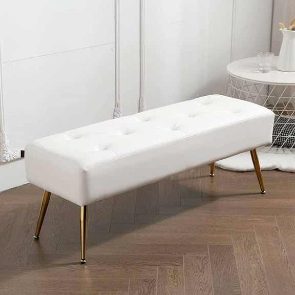 44" White PU Leather Ottoman Bench, Modern Button-Tufted Upholstered | Gold Legs, Luxurious for Living Room, Bedroom, Makeup Room, Entryway