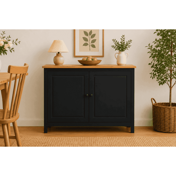 44" Wide Black & Pine Top Solid Pine Shaker Sideboard Buffet Cabinet  2 Doors Adjustable Shef