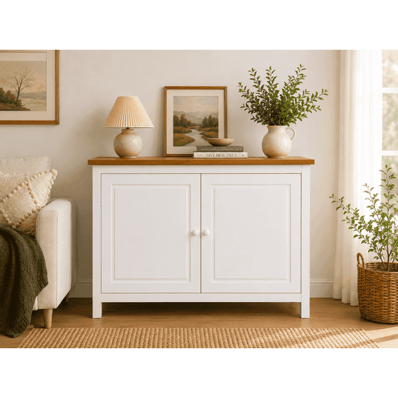 44" Wide White & Pine Top Solid Pine Shaker Sideboard Buffet Cabinet  2 Doors Adjustable Shelf
