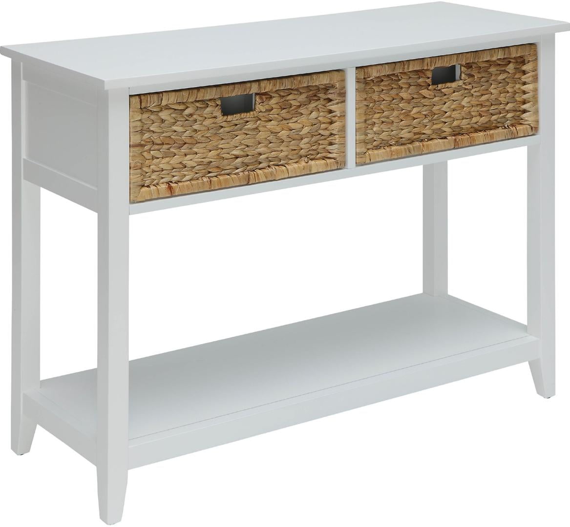 Elegant White Solid Wood Console Table with Basket Drawers and Shelf