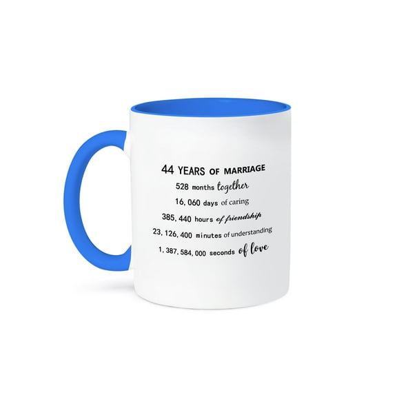 3drose, 44 Years of Marriage 44th Wedding Anniversary in Months Days Hours, 11oz Two-tone Blue Mug