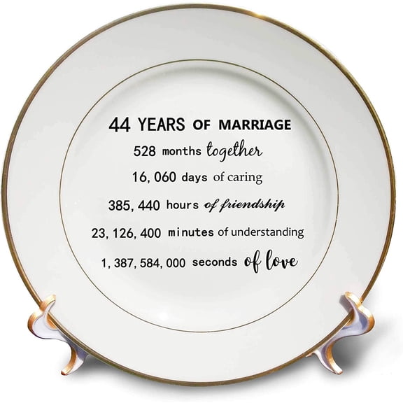 3dRose, 44 Years of Marriage 44th Wedding Anniversary in months days hours, 8 inch Porcelain Plate