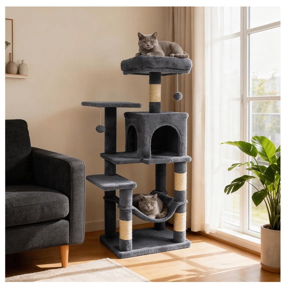 44" cat tree: multi-level, sisal posts, double-entry condo, hammock, dangling balls, cozy top perch. Dark grey, ideal for small flats