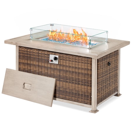 44 in Propane Fire Pit Table,Rattan Fire Pit Table with Glass Wind Guard,50,000 BTU Gas Firepits for Outside Output