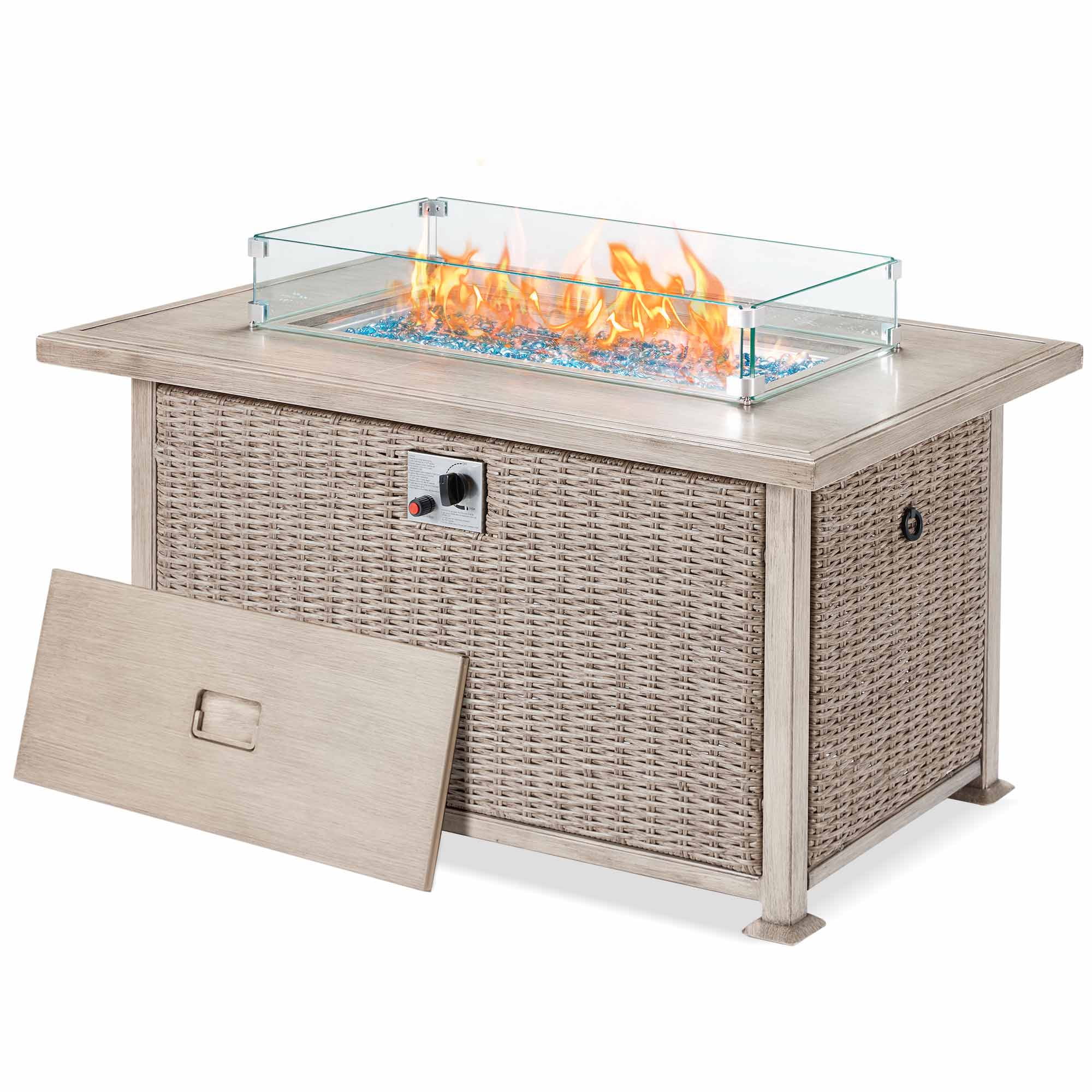 44 in Propane Fire Pit Table, Rattan Fire Pit Table with Glass Wind