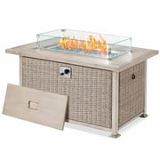 44 in Propane Fire Pit Table, Rattan Fire Pit Table with Glass Wind Guard,50,000 BTU