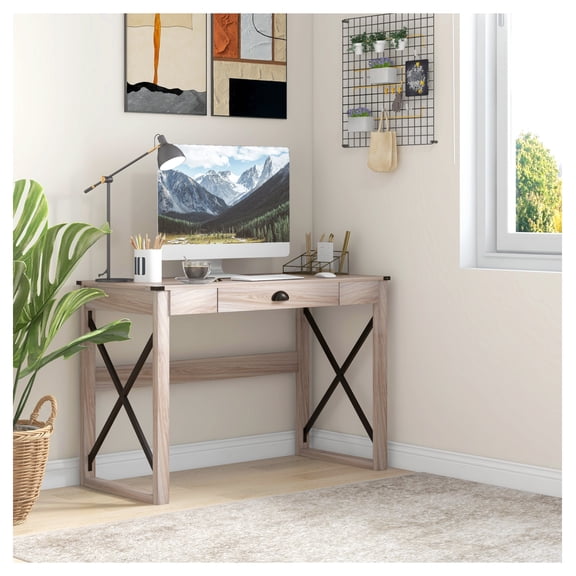 44 inch Computer Desk, Rustic Office Desk with Drawer, Farmhouse Writing Table, X-Frame Workstation