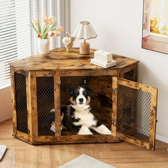 44 inch Corner Dog Crate Furniture, Wooden Dog Kennel Furniture with Mesh, Indoor Decorative Dog Crates Corner Side Table for Small Medium Dogs, Wide Top Perfect for Limited Room, Brown
