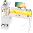 thumbnail image 1 of 44 inch Gaming Desk with Led Lights & Outlets, Computer Desk with 3 Drawers & Shelves, Gamer Desk with Monitor Stand & Side Hooks for Game Room, Home Office, White, 1 of 8
