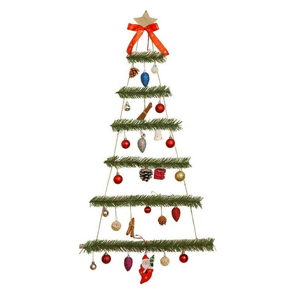44 inch Wall Christmas Tree with LED Lights, Wood Ladder Tree Space-Saving Wall Hanging Christmas Decor for Small Space Rustic Holiday Party Supply