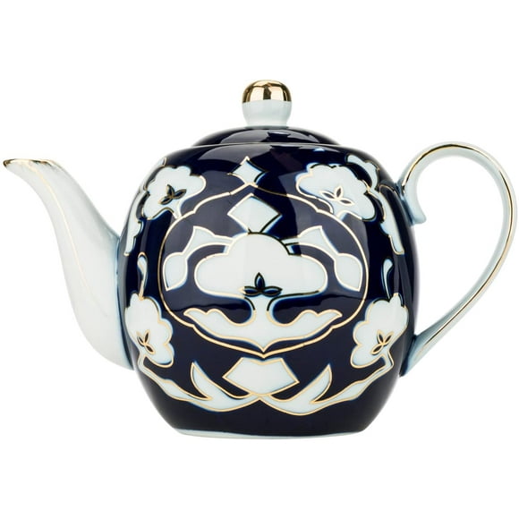 44 oz Porcelain Teapot, Large Old Fashioned Vintage Bone China Tea Pot, Deep Blue Teapot with Gold Sputtering