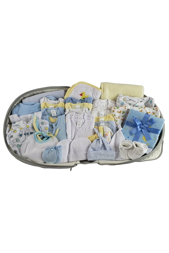 44 pc Baby Boys Clothing Starter Set with All-in-one Portable Bassinet Foldable Baby Bed, Travel Crib Infant and Diaper Bag Changing Station