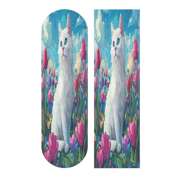 44" x 10" Skateboard Grip Tape Diamond Grit Surface, Heavy-Duty PVC Backing Non Slip Ease to Apply White Cat and Tulips