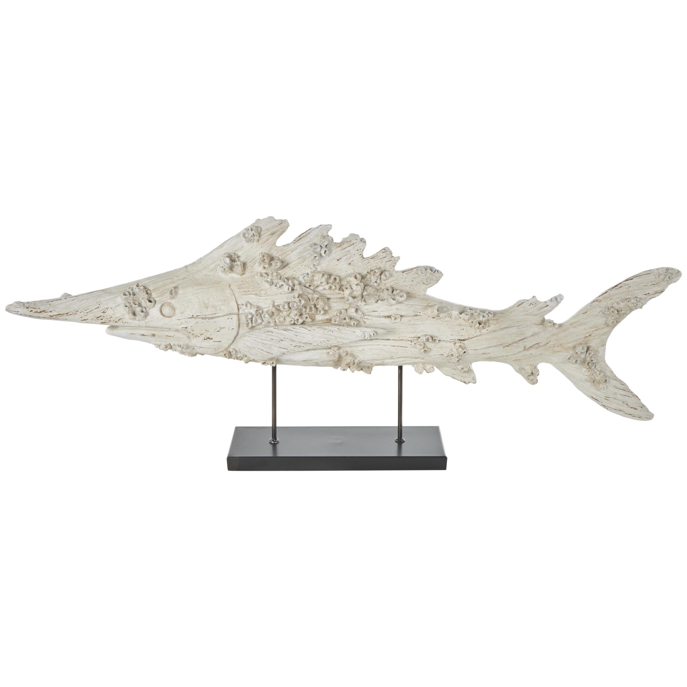 44" x 16" Cream Polystone Textured Fish Sculpture with Brown Distressing and Black Metal Stand, by DecMode