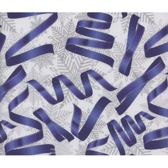 Mook Fabrics Christmas Blue Ribbons Silver Snowflakes 100% Cotton Fabric By the yard