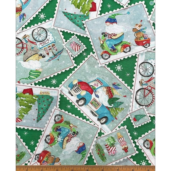 P  B Textiles Christmas Gnomes Postcard Toss on Green 100% Cotton Fabric Price per Yard