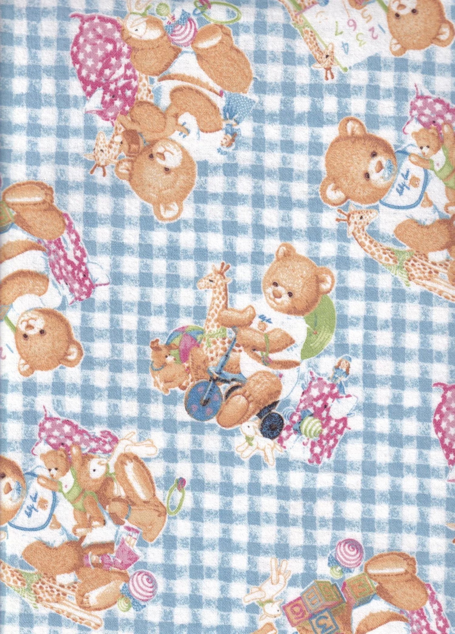 Light Blue Gingham Baby Bear Cotton Flannel Fabric