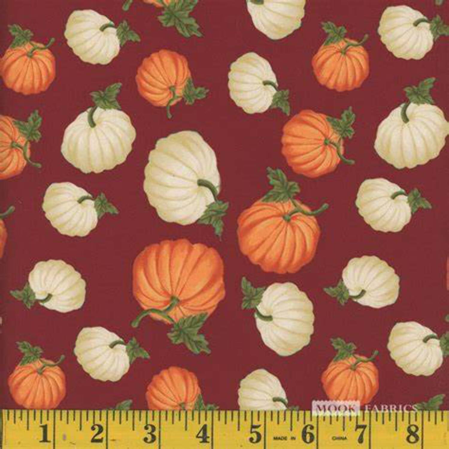Mook Fabrics Thanksgiving Fall Autumn Pumpkins on Burgundy 100% Cotton ...