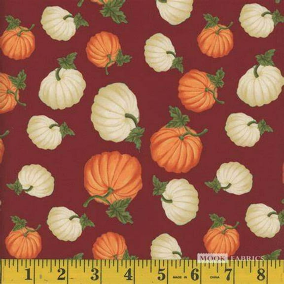Mook Fabrics Thanksgiving Fall Autumn Pumpkins on Burgundy 100% Cotton Fabric By the yard